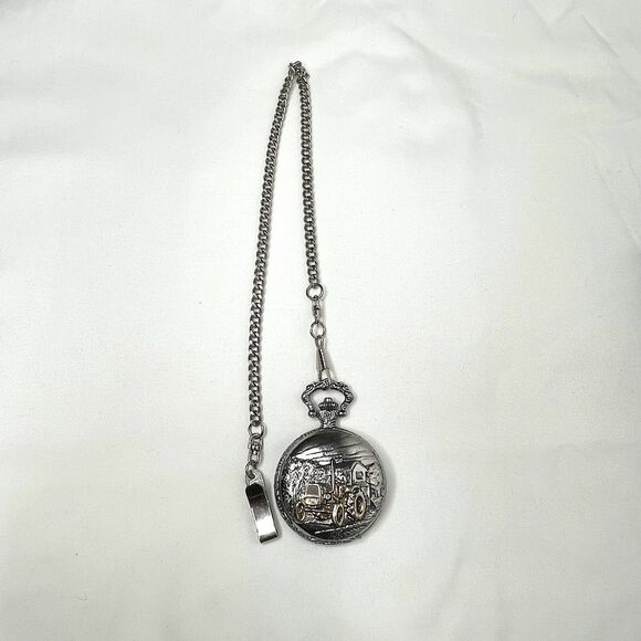 Milan Quartz Silver & Gold Tone Tractor Pocket Watch w/ Chain - Picture 2 of 5